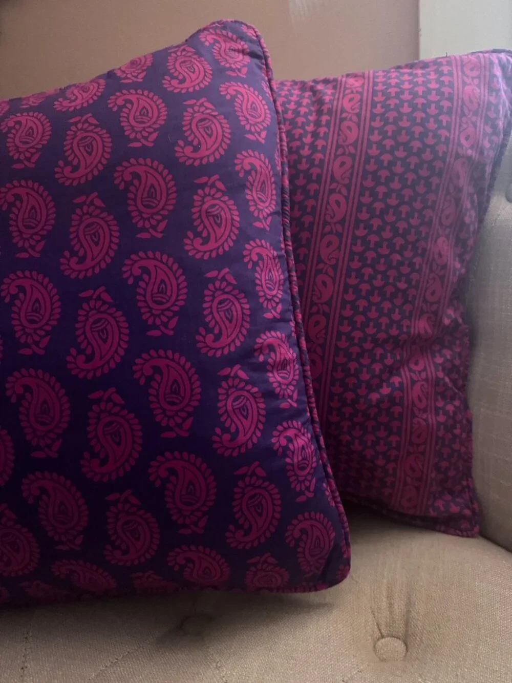 Vintage Indian Cotton Cushion Covers, Pink Purple Paisley Print (18x18)